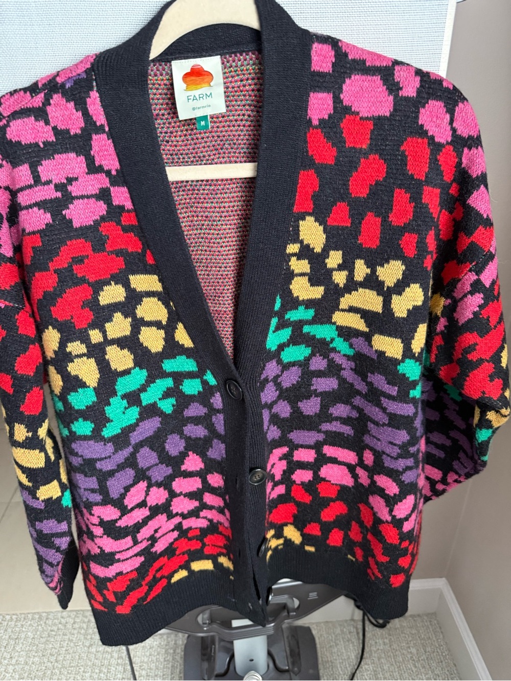 FARM Rio Black Multicolor Leopard-Print Button Cardigan